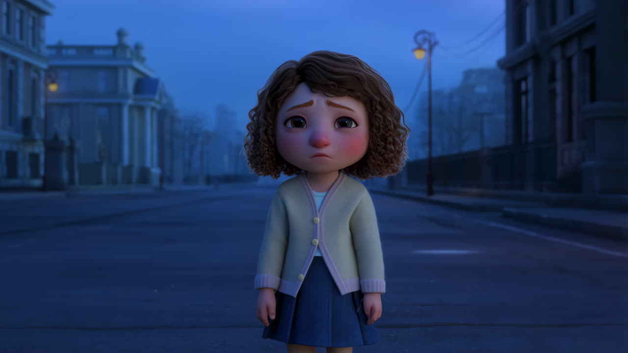 A sad animated girl on a lonely street