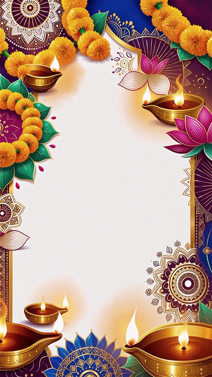 Sfondo Diwali con Diyas luminosi, Rangoli e fiori di loto