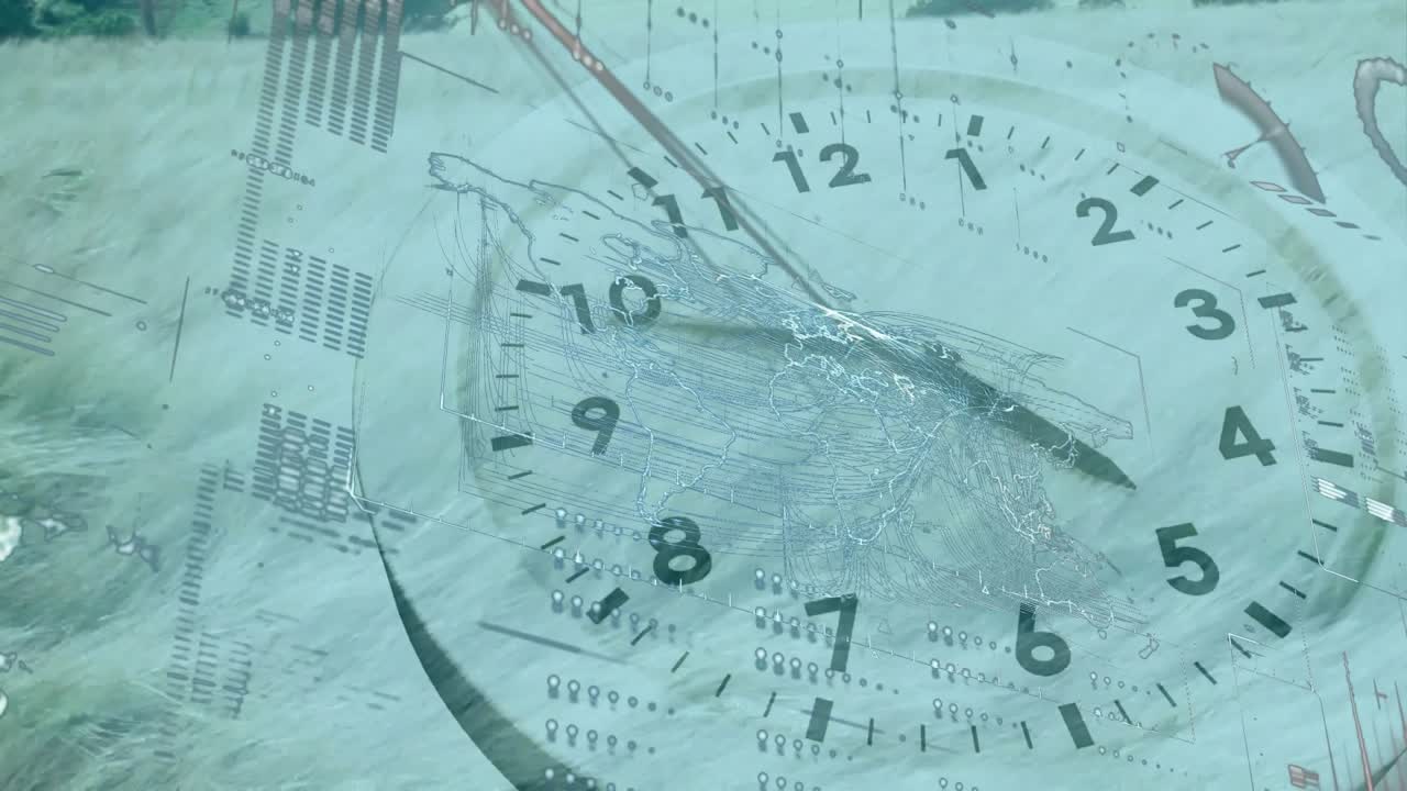 Quadrante di orologio analogico semi-trasparente che fluttua su uno sfondo semplice, mostrando una mappa del mondo in rete e griglie di dati
