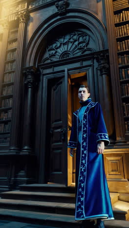 a wizard emerging from a majestic library door