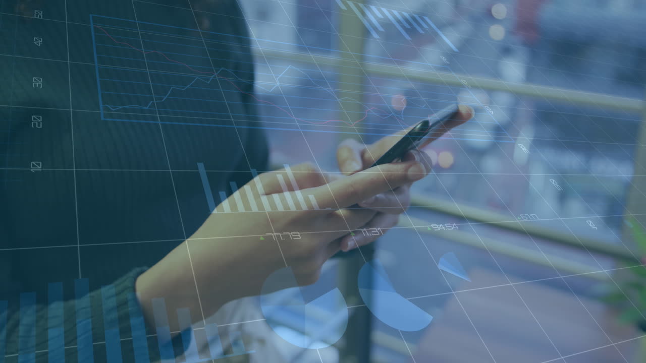 Animation of statistical data processing against mid section of a woman using smartphone at office