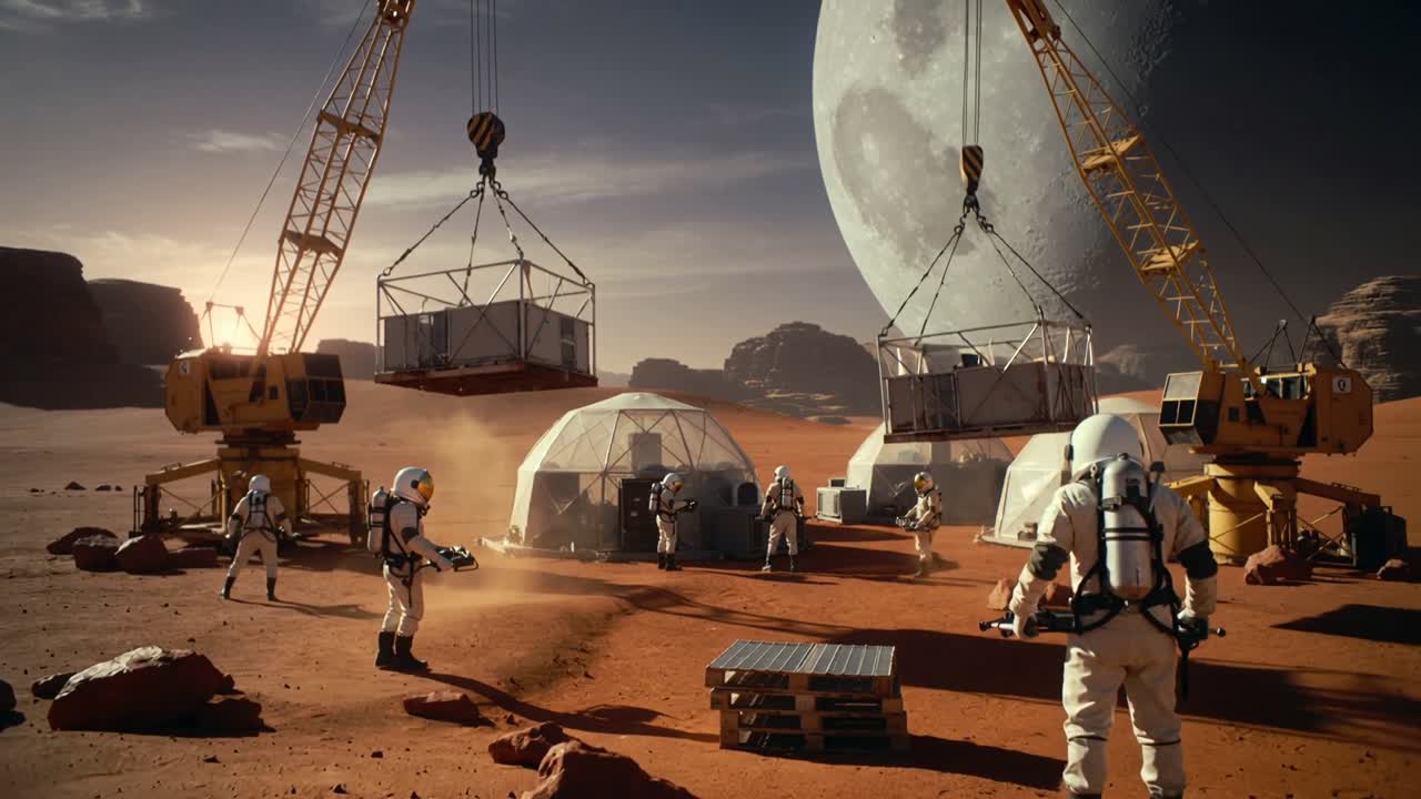 Lowering cranes moving cargo to base pallets, crew in EVA suits using tablets for dome integration