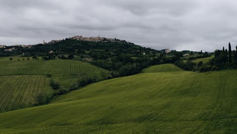 low drone shot soaring over italy's rural countryside filled with green fields