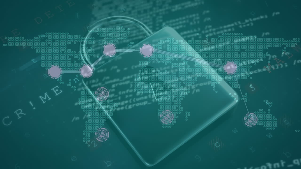 세계 지도와 온라인 보안 패드락과 연결된 네트워크의 애니메이션