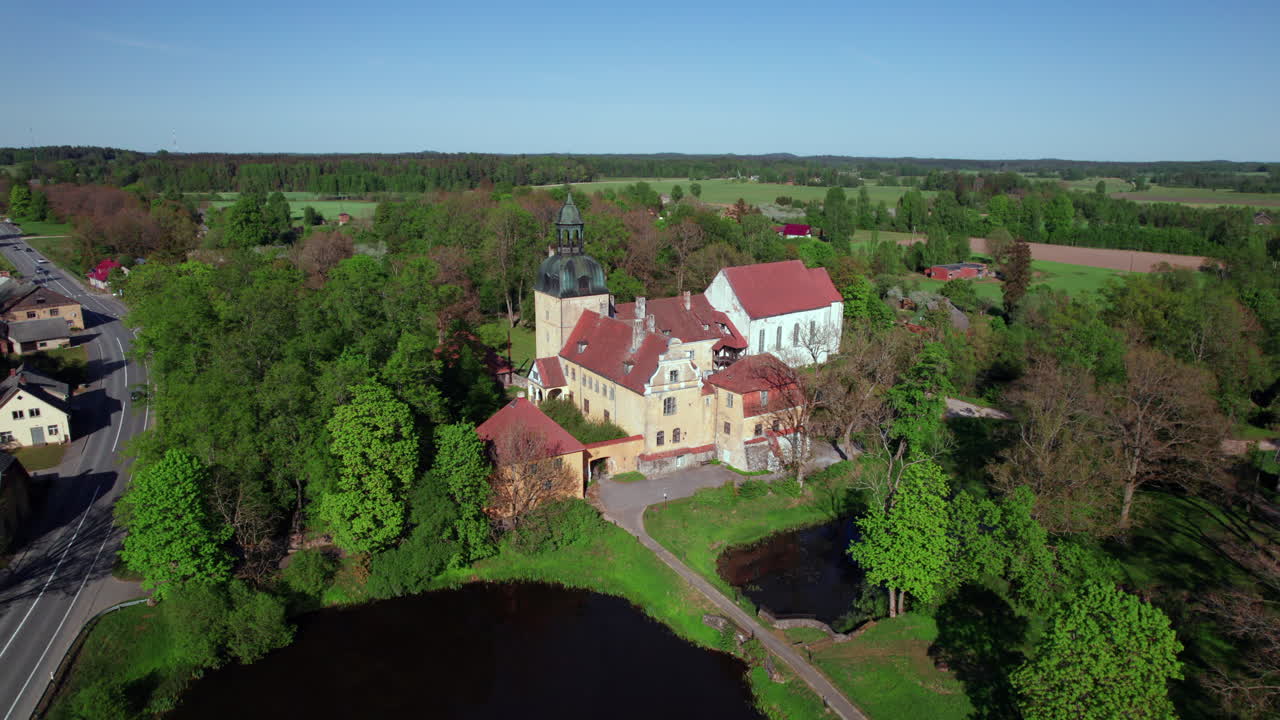 Orbital shot of Lielstraupe Castle, Latvia