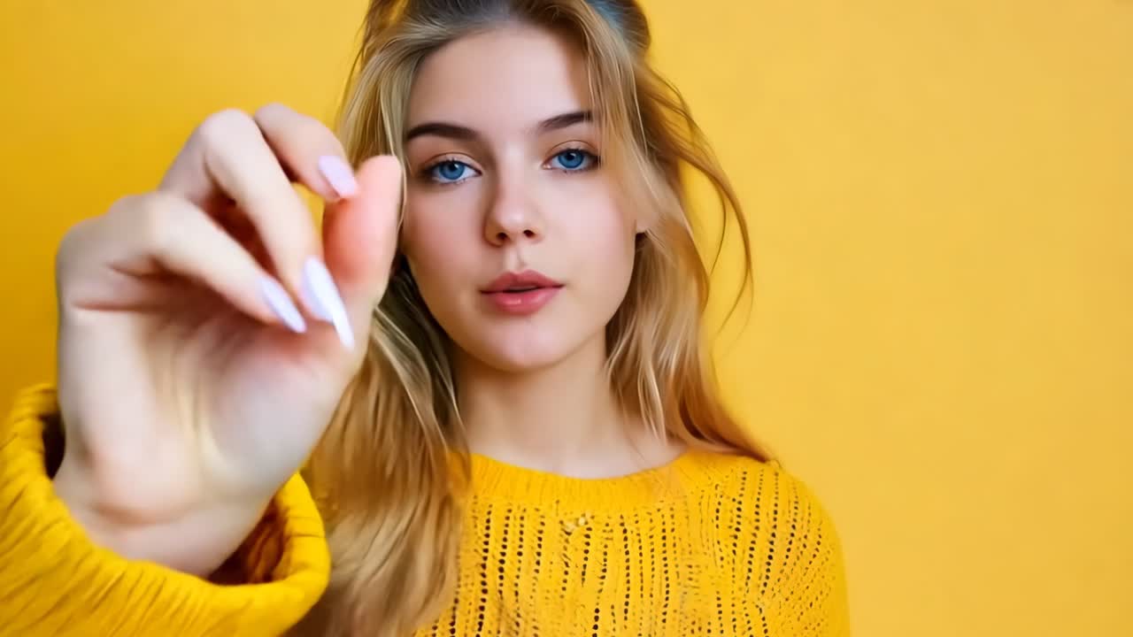 Una donna con un maglione giallo che punta il dito verso la fotocamera