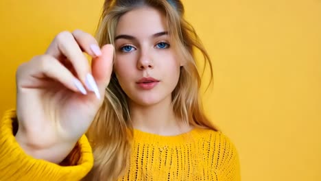 a woman in a yellow sweater pointing her finger at the camera