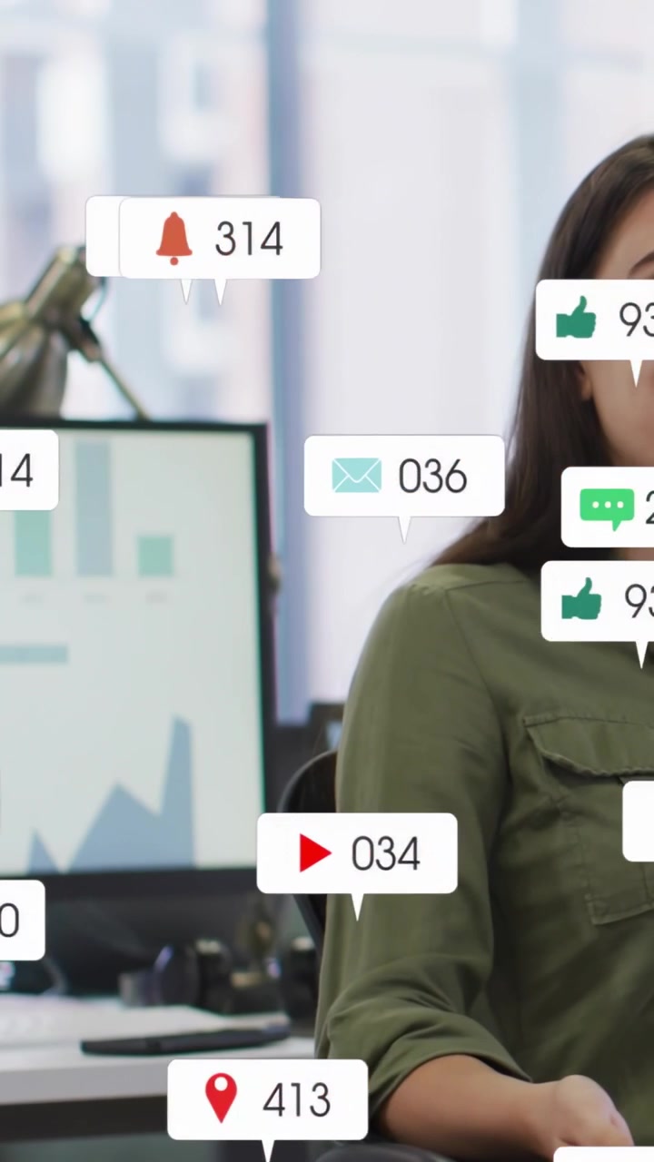 Vertical video: Woman gesturing at chart, alert popping near face and boosting marketing metrics