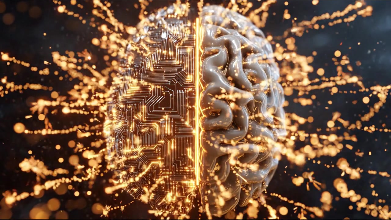 Animazione concettuale 3D del cervello umano che si fonde con circuiti digitali