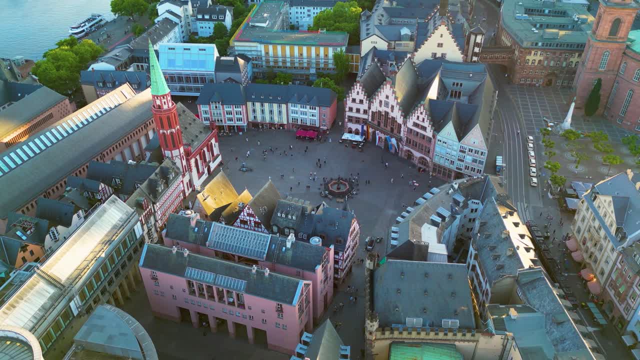 4K Drone Video of the Shoppers at the Römerberg Market Square in Downtown Frankfurt, Germany