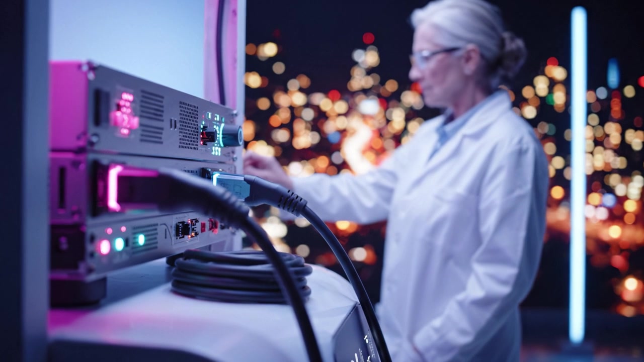 Advanced Technology Setup with Colorful Lights and a Professional in the Background Overlooking a Cityscape at Night in a Modern Laboratory Environment