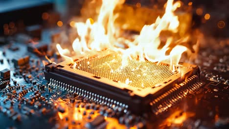 una placa base de computadora en llamas con una placa de circuitos en el fondo