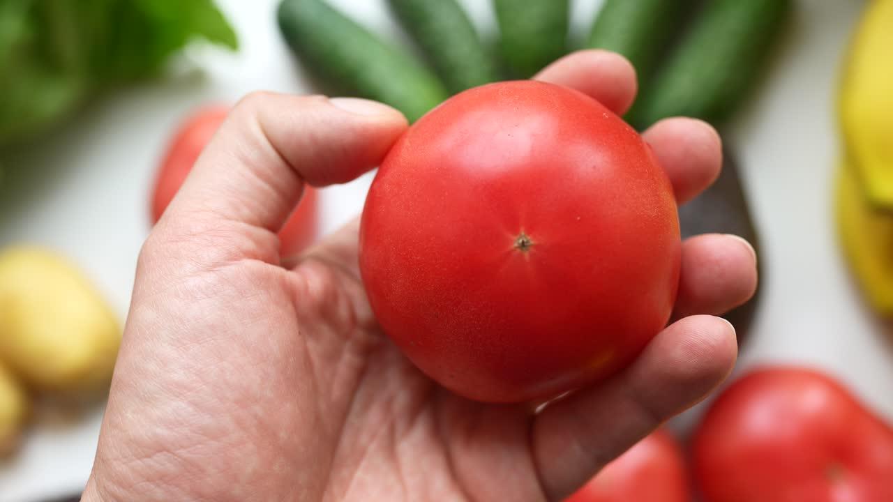 다른 채소 와 과일 으로 둘러싸인 신선 한 은 토마토 를 들고 있는 손