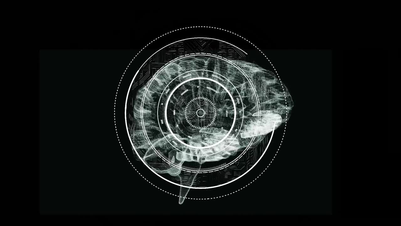 Animation of 3d glowing white human brain rotating on black background