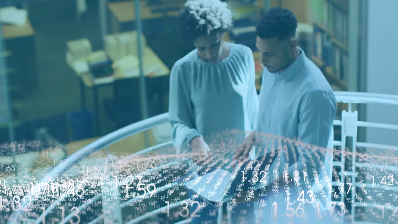 Animation of data processing over diverse business people working in office