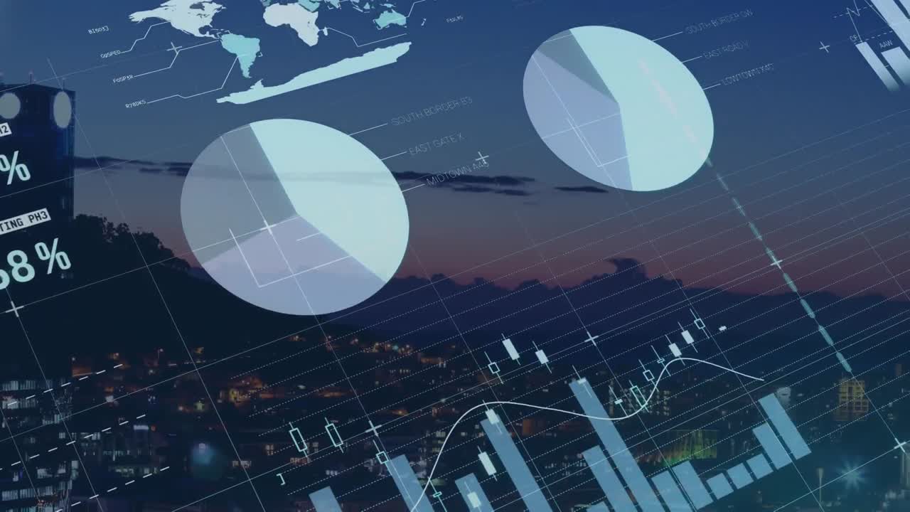 Animation of data processing and world map over cityscape