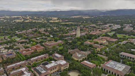 stanford city california aerial v6 drone flyover university campus area capturing landmark hoover tower, flying towards the main quad and entrance oval lawn - shot with mavic 3 cine - june 2022