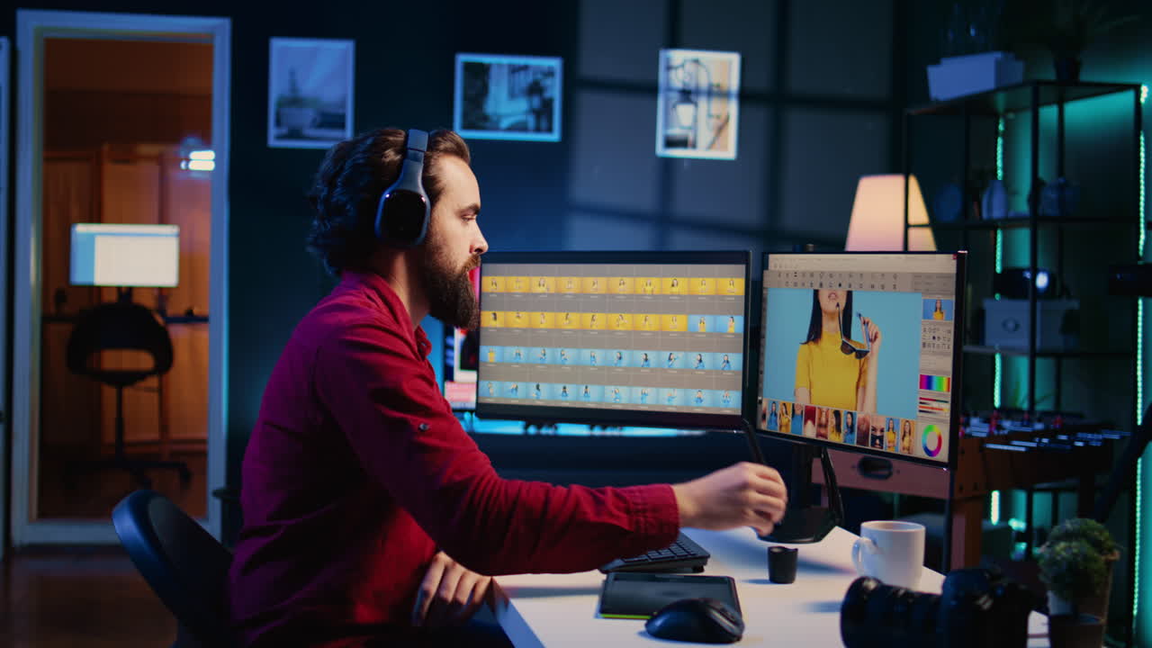 fotógrafo arreglando imágenes sobreexpuestas con una tableta gráfica, escuchando música a través de auriculares