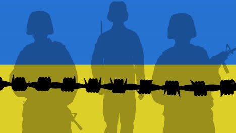 animación de alambre de púas y siluetas de soldados sobre la bandera de ucrania