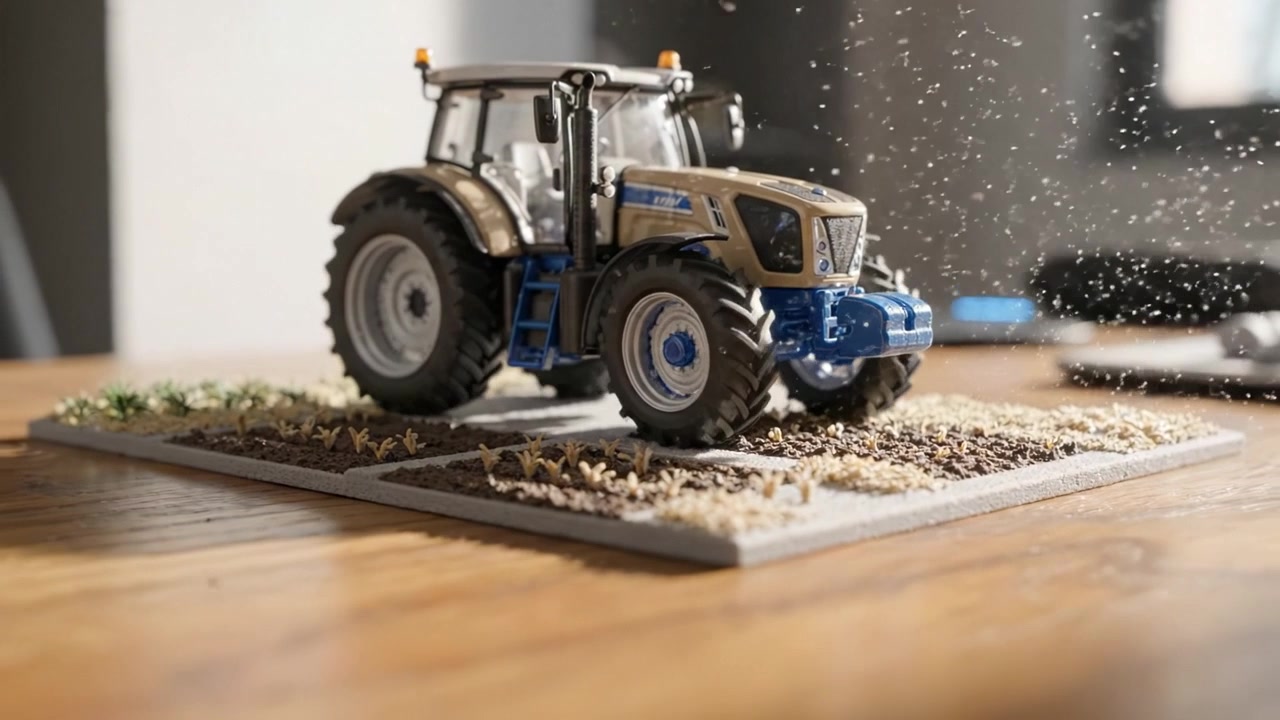 Una vista ravvicinata di un trattore modello dettagliato che lavora su una scena di fattoria in miniatura, mostrando realismo e maestria artigianale nelle miniature agricole.