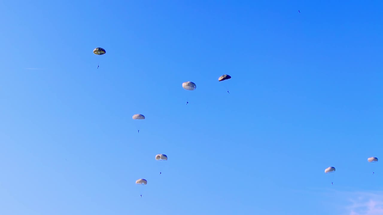 Military paratroopers are seen floating gently under parachutes against a vibrant blue sky. The shot captures the calm descent of soldiers during a coordinated air drop at Ginkelse Heide, Netherlands