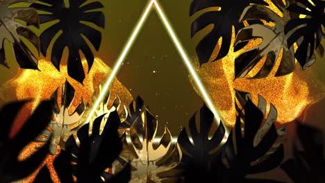 Animation-Von-Monstera-Pflanzenblättern-Und-Weißem-Neondreieck-über-Leuchtend-Gelben-Partikeln