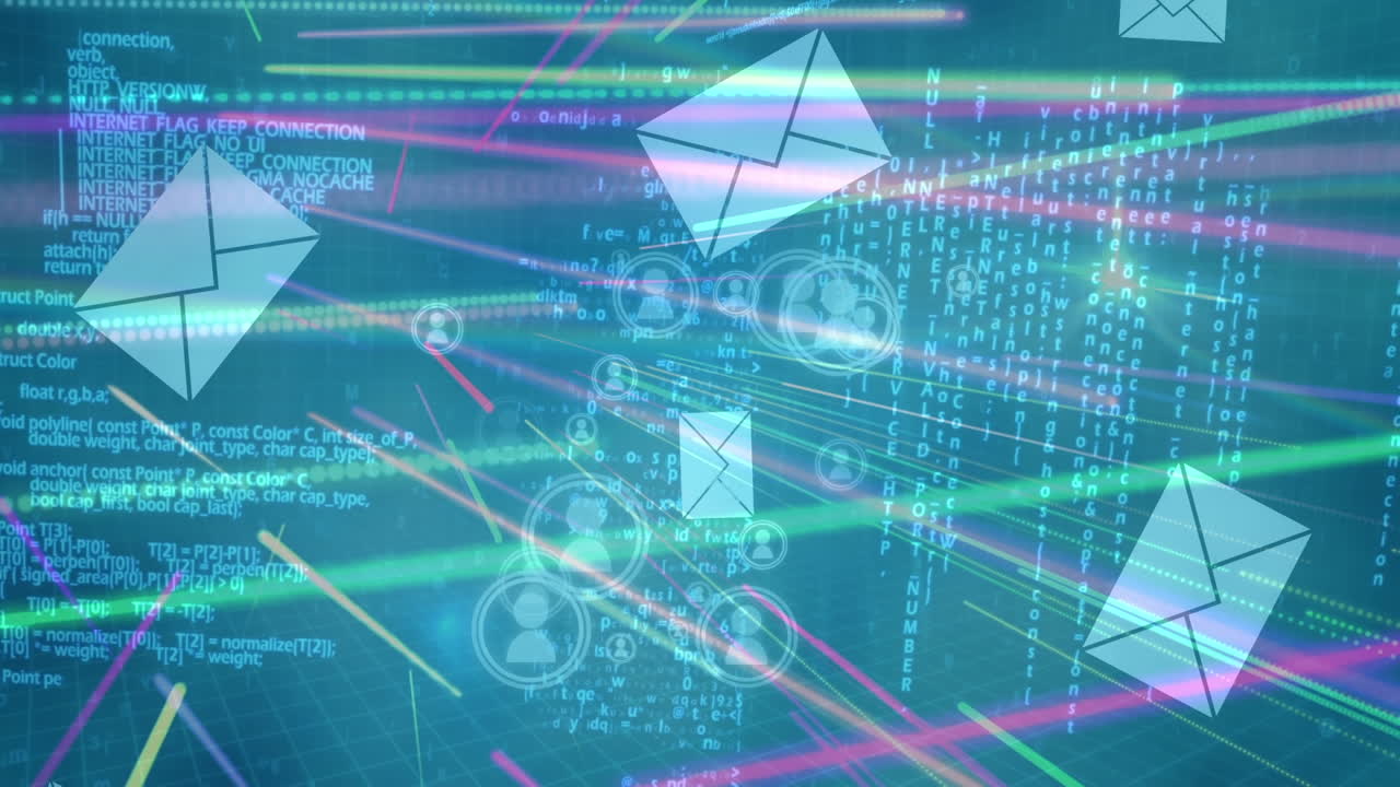 아이콘 및 봉투의 애니메이션 네트워크를 통해 데이터 처리가