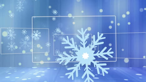 animación de copos de nieve y rectángulos con destellos de lente contra un fondo azul