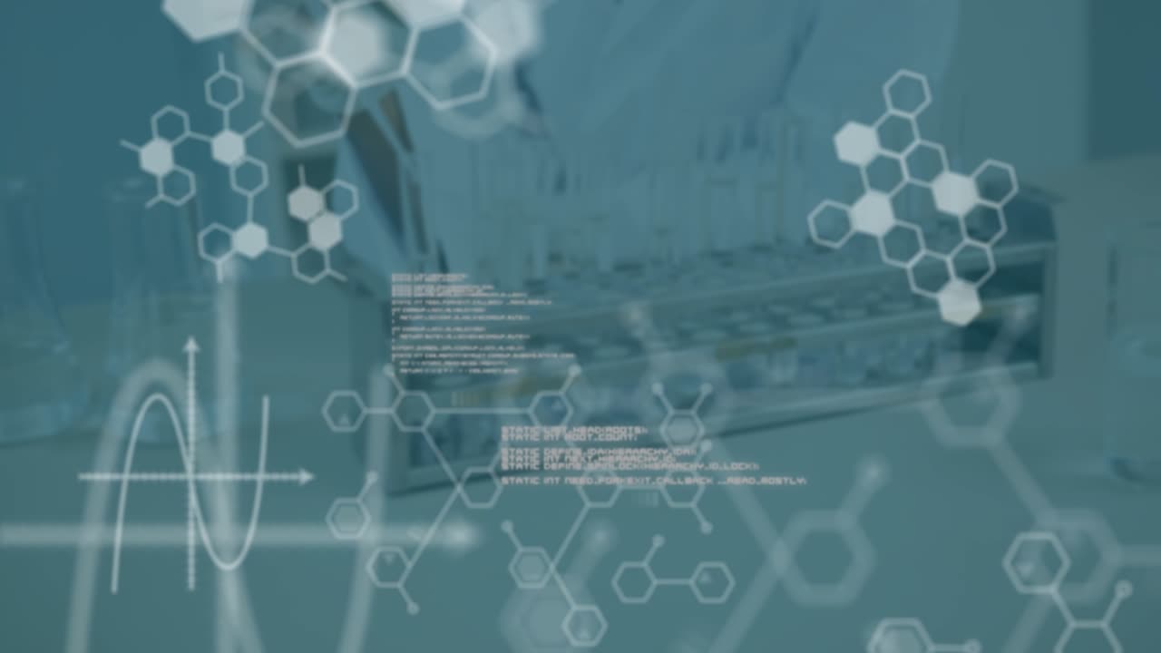 Animation of data processing and chemical formula over caucasian female scientist