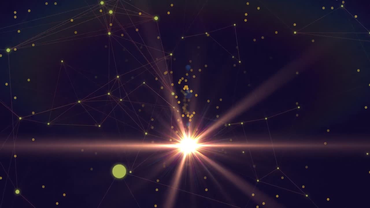 검은 바탕에 움직이는 빛의 반점과 연결 네트워크의 애니메이션