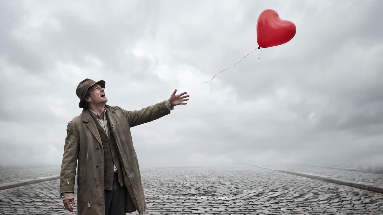 Un hombre con abrigo y sombrero fedora intenta atrapar un globo rojo a la deriva en un camino de piedra, espacio para texto