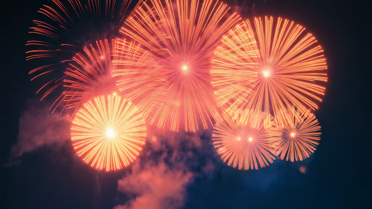 Igniting fireworks shells sending bursts overhead at night, displaying glowing trails and smoke