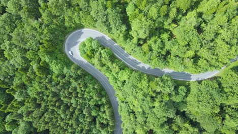 Aerial-view-of-a-electric-car-driving-in-green-ecologic-nature-on-a-winding-road