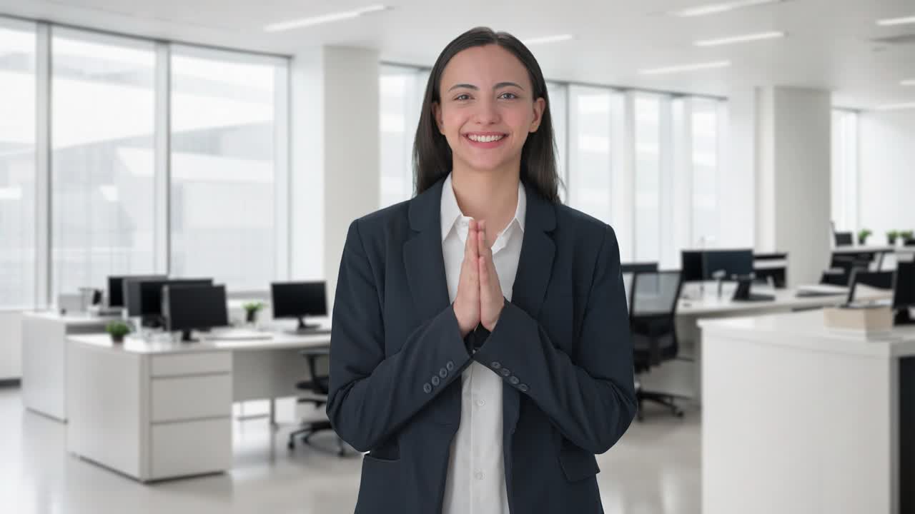 feliz mujer de negocios india haciendo namaste