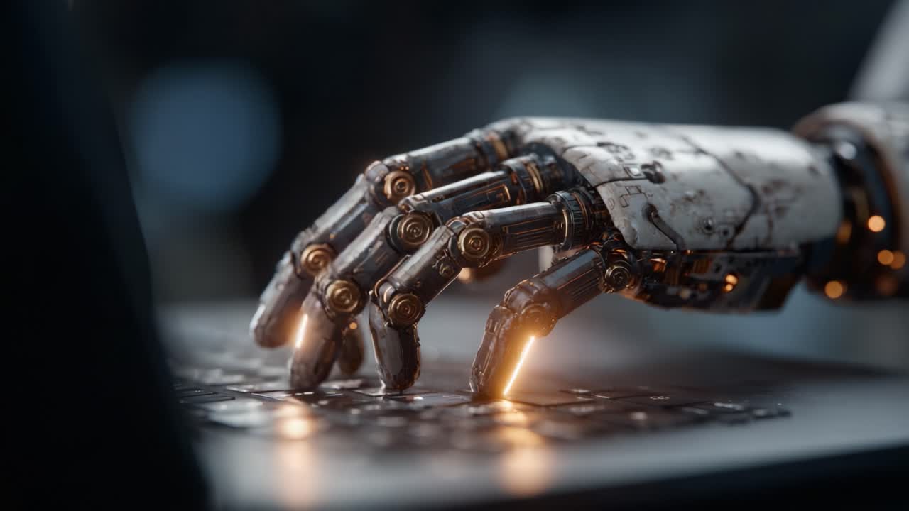 An intricate robotic hand engages with a laptop keyboard, showcasing advanced technology and the fusion of machinery with human-like functionality, highlighting modern innovation