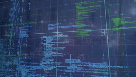 Animation-of-data-processing-with-connecting-dots,-hud-elements-on-digital-interface