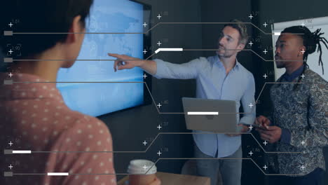 Animation of data processing over diverse business people in office