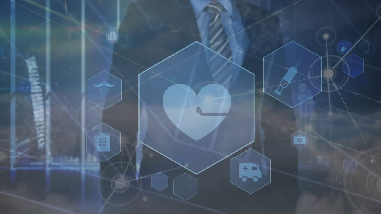 화면을 사용하여 코카시안 사업가에 대한 의료 아이콘과의 연결 네트워크의 애니메이션