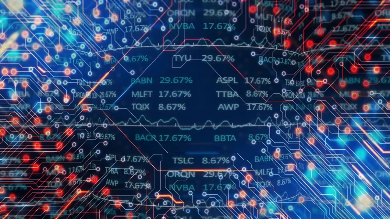 數據脈衝上，中央跑馬燈更新數值，電路亮起，粒子移動，顯示狀態。
