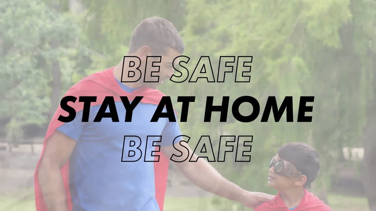 아빠와 아들과 함께 집에 머무르는 텍스트의 애니메이션