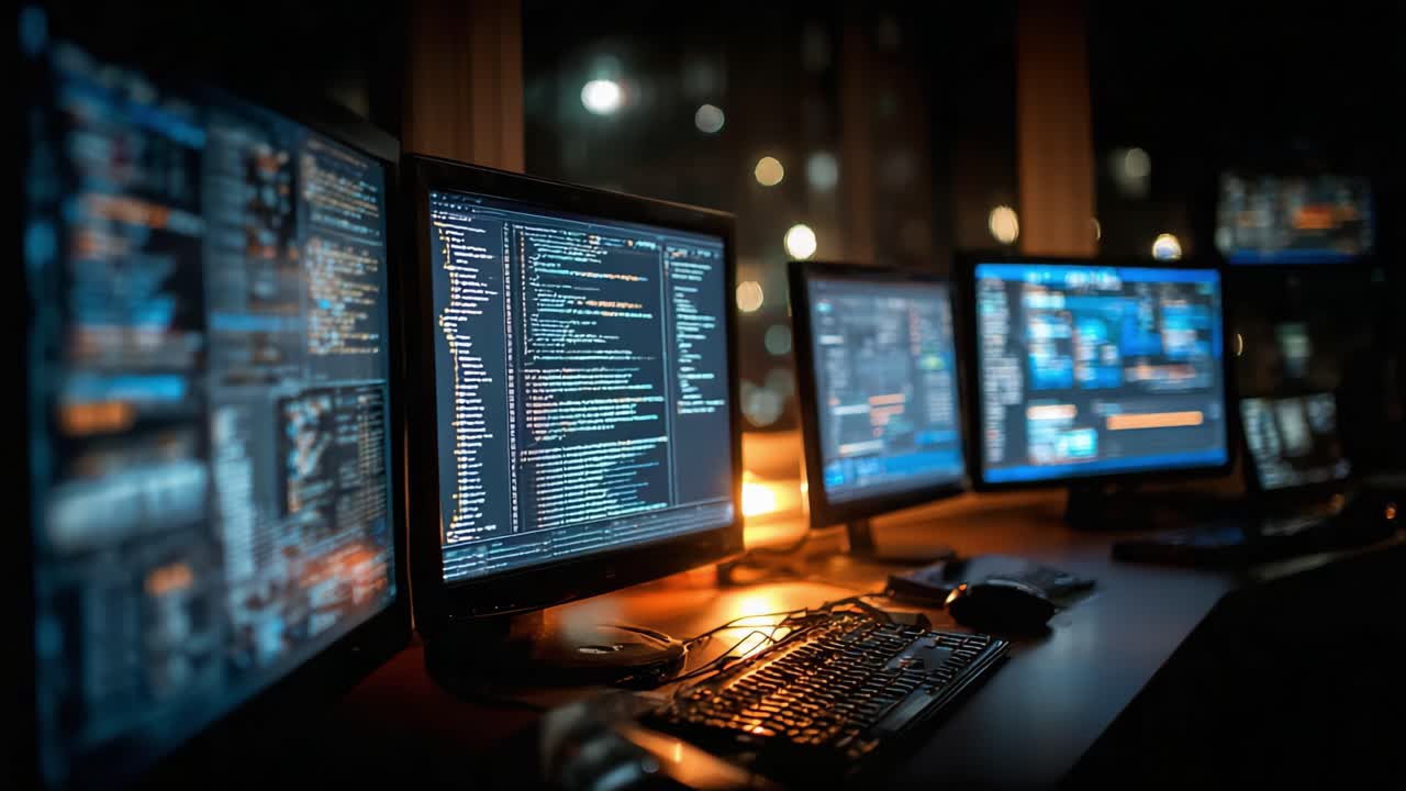 A Futuristic Workspace Featuring Multiple Monitors Displaying Lines of Code in a Dimly Lit Environment, Perfect for Programming and Development Tasks