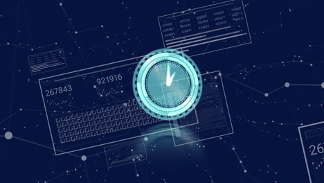 animación del reloj de neón sobre la interfaz con procesamiento de datos y puntos de conexión