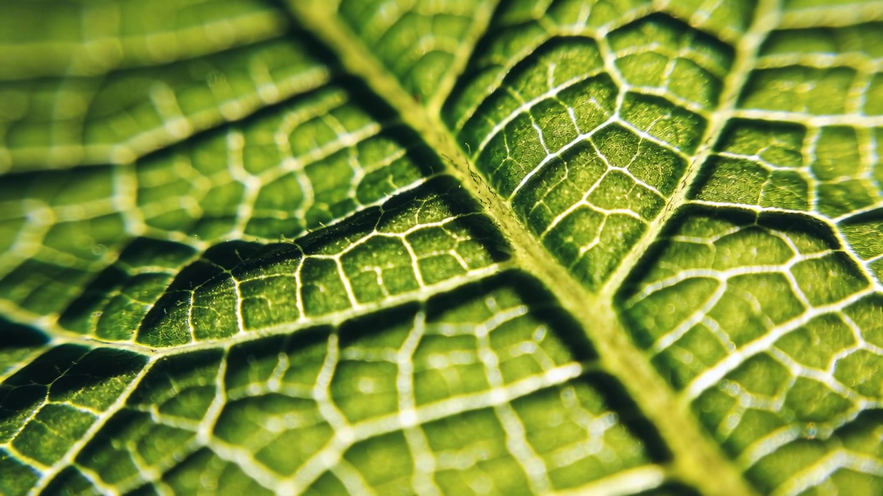 Pulling focus camera revealing central midrib on green leaf macro, increasing vein contrast