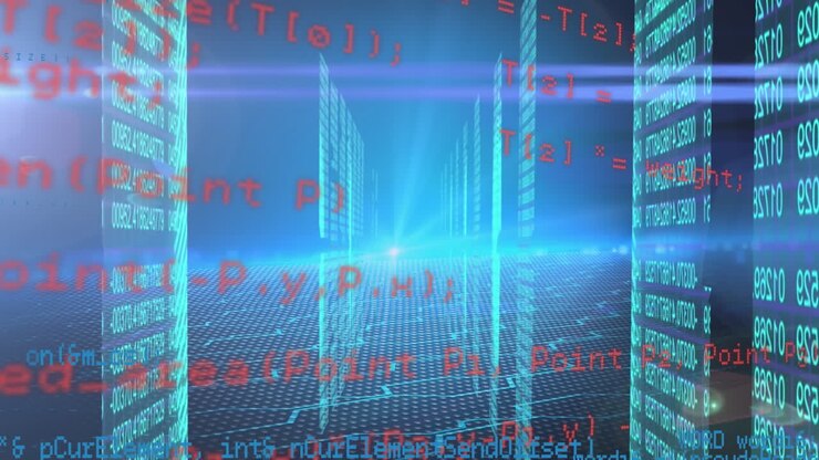 Animation of multiple screens with data processing against blue background