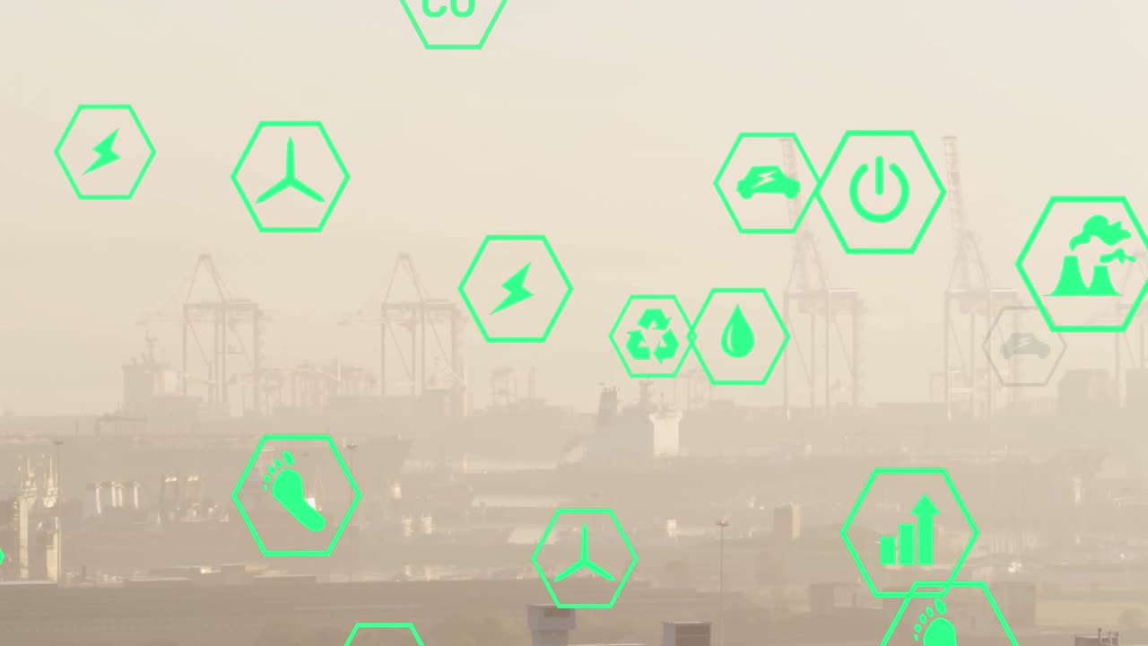 도시 풍경의 공중 전망에 대해 떠다니는 여러 가지 녹색 에너지 아이콘