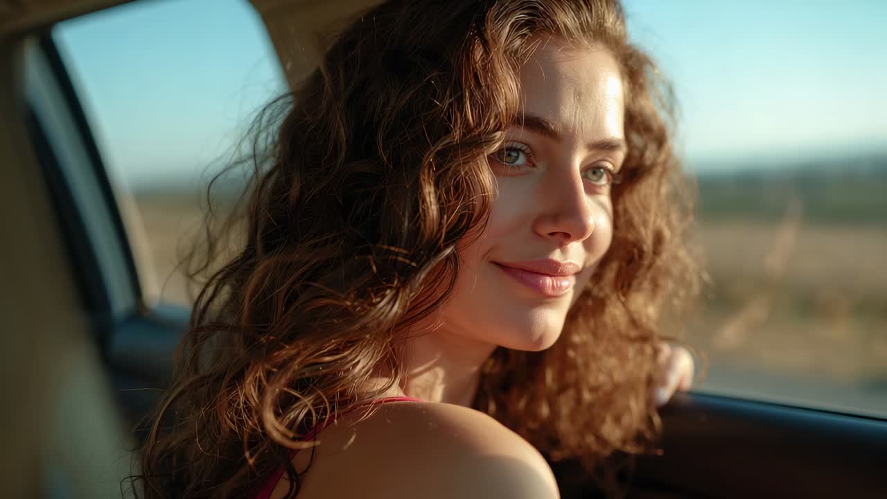 Leaning woman opening eyes and turning as car passing white house, watching from open window