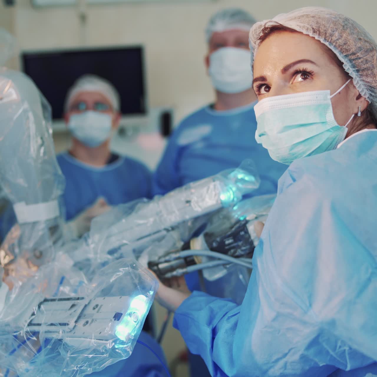 Group of surgeons use futuristic machine in surgery. Female doctor perform an operation through medical robot in clinic. Robotic equipment in operating room.