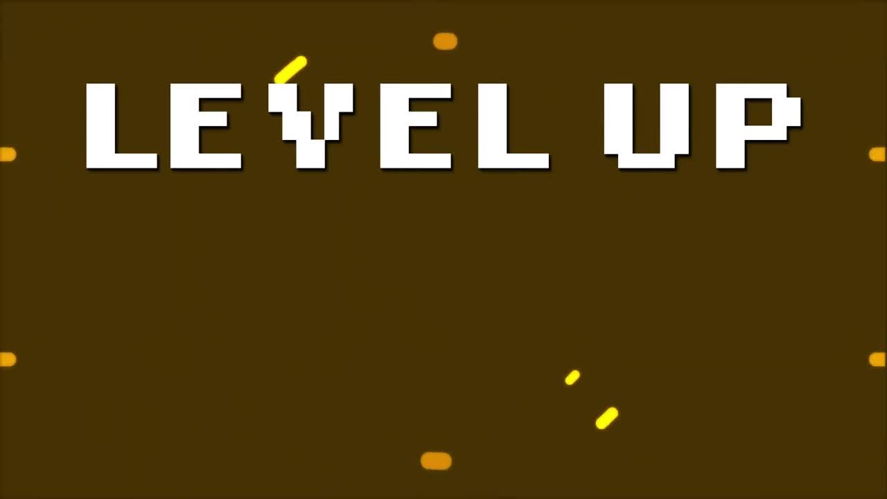 Animation of white pixel text level up, over rotating yellow rings, on brown and lilac backgrounds