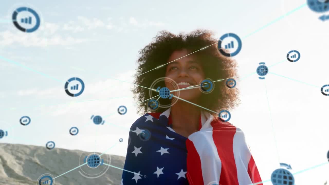 animación de una red de conexiones sobre una mujer feliz en la playa