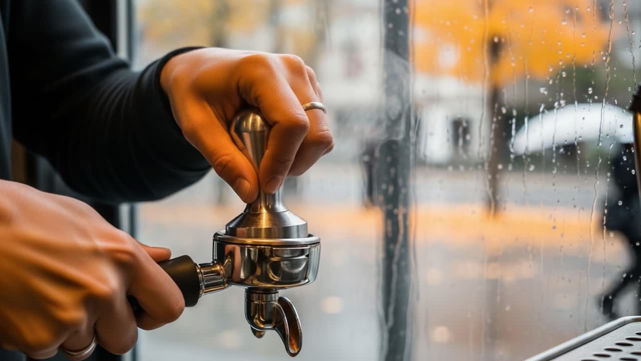 A Barista Preparing Fresh Espresso: The Art of Tamp in a Coffee Shop with Rainy Background, Highlighting the Craftsmanship of Brewing Perfect Coffee